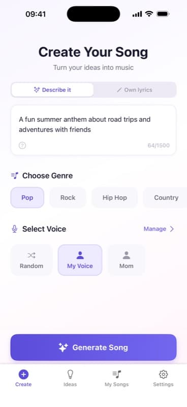 Describing a song idea in AI Singer's create flow