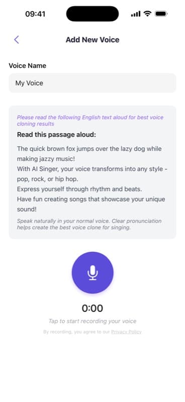 Recording a voice clone in AI Singer — a 10-second on-screen script