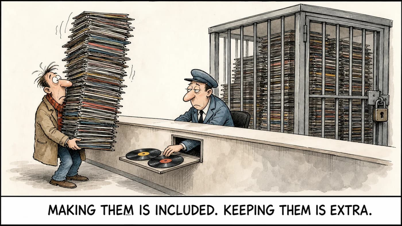 Cartoon: a customer hands over the towering stack of records they made and receives two back through a hatch, while the rest are locked in a steel cage behind the counter.