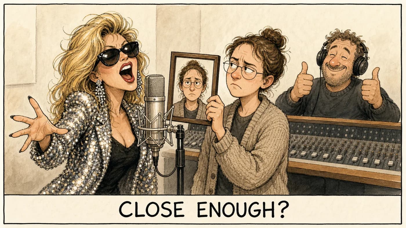 Cartoon: a glamorous pop star belts into a studio microphone while an ordinary person beside her holds up a framed portrait of their own face, comparing the two doubtfully, as the producer gives two thumbs up.