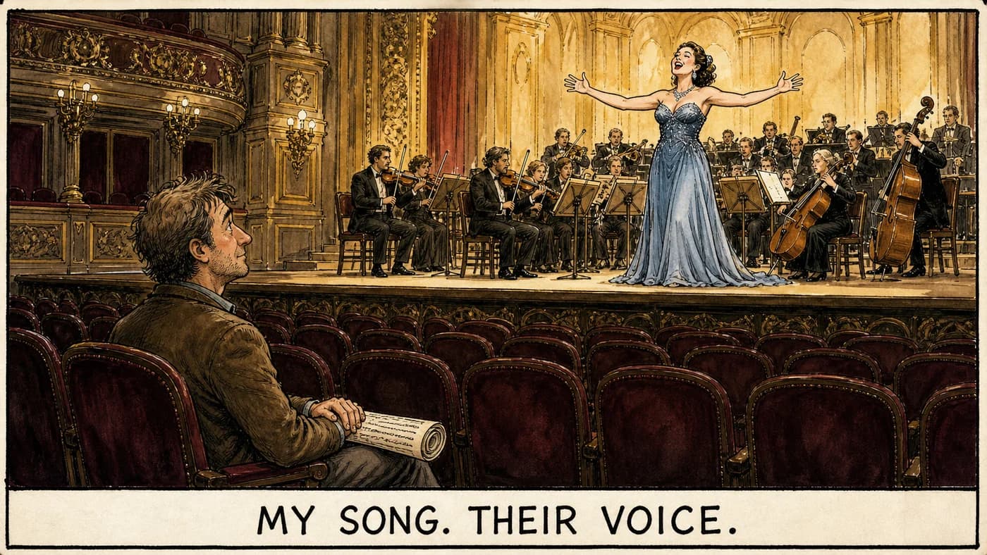 Cartoon: a lone person sits in an empty row of concert hall seats holding a rolled manuscript, watching a glamorous soloist and full orchestra perform their song on stage.