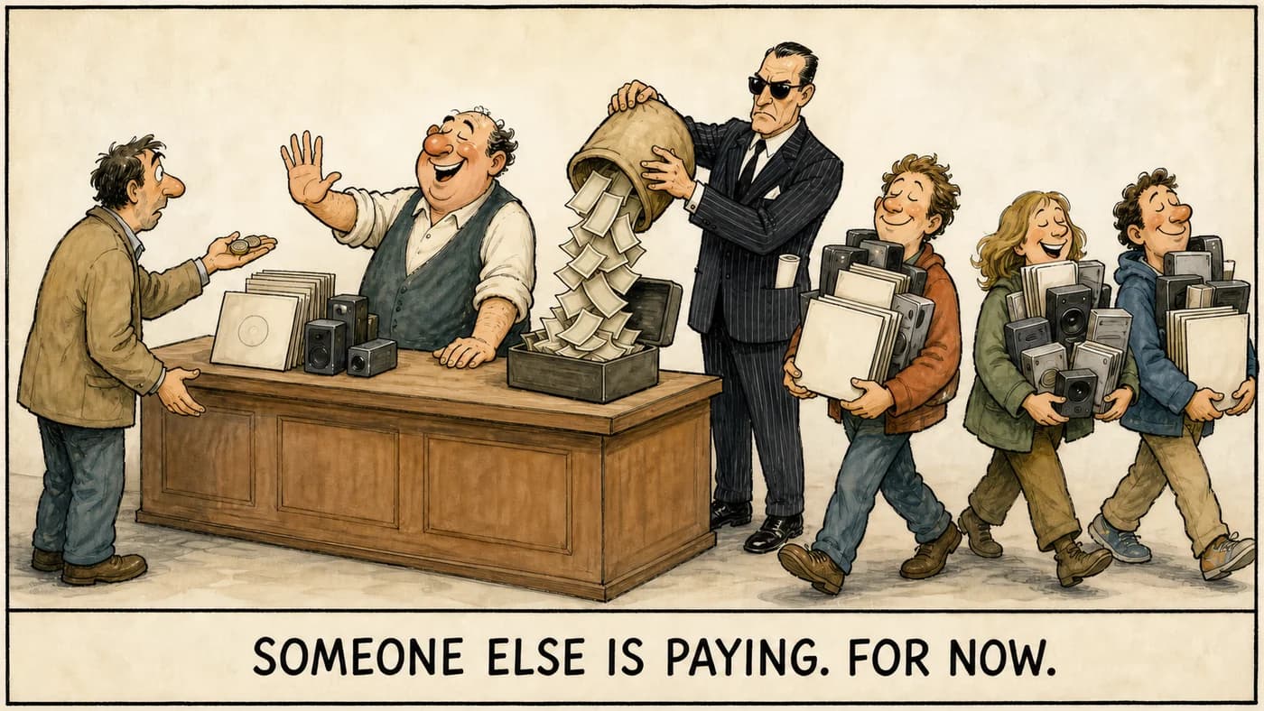 Cartoon: a shopkeeper waves away a customer's coins while shoppers leave with armfuls of free goods, and behind him a stern investor in a pinstriped suit tips a sack of money into the cash box, an invoice poking from his pocket.