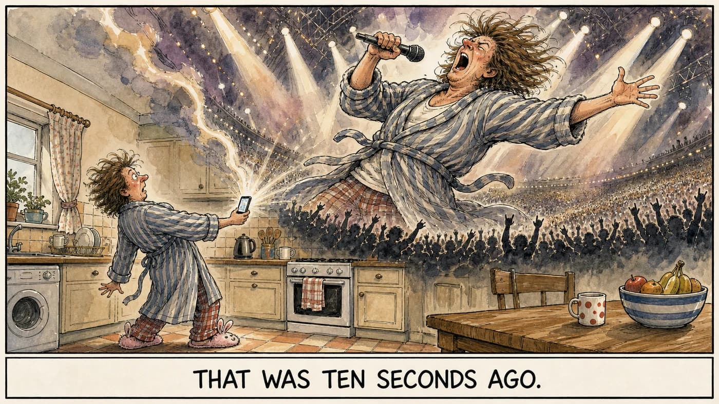 Cartoon: a startled person in a dressing gown holds up their phone in a kitchen while a stadium-sized version of themselves erupts out of the screen, singing to a roaring crowd.