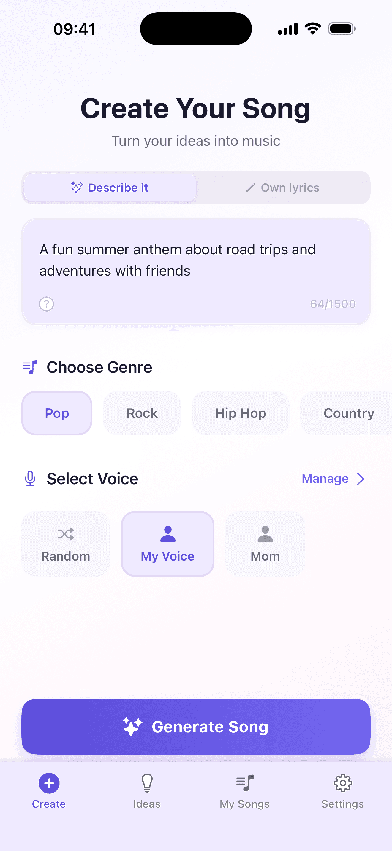 AI Singer song creation screen