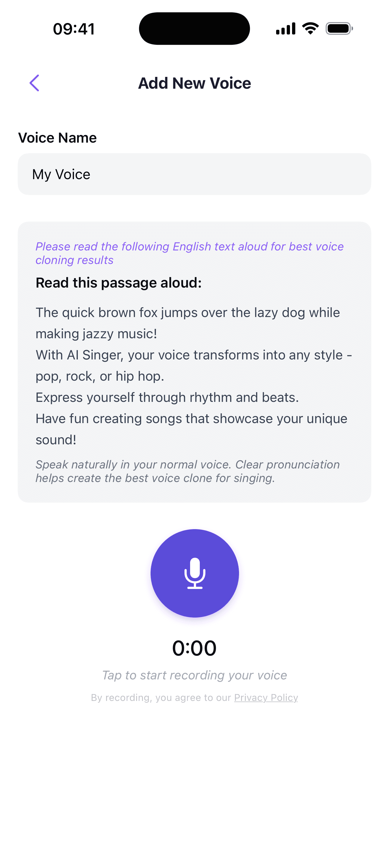 AI Singer voice cloning screen