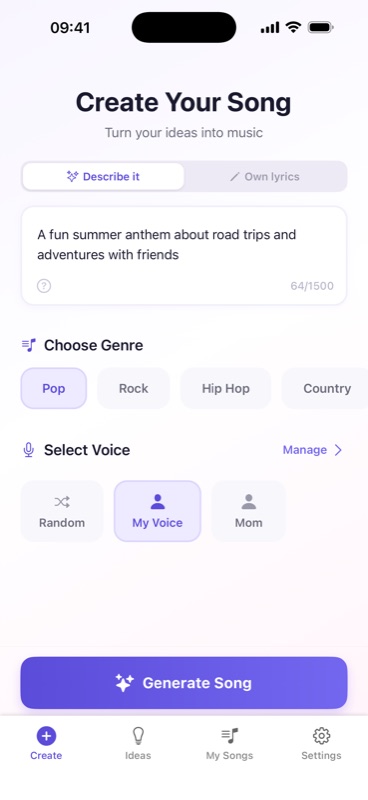 Describing a song idea in AI Singer's create flow
