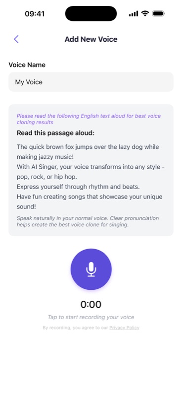 Recording a voice clone in AI Singer — a 10-second on-screen script